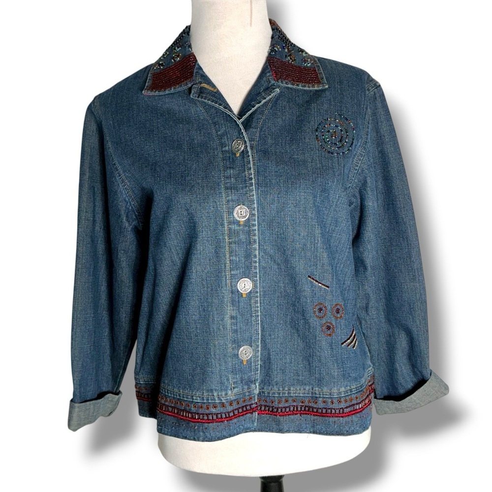 Chico’s Jean Jacket Denim Embroidered Friends Beaded Applique Button Up Small - Picture 10 of 16